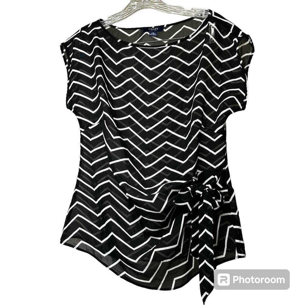 Chaps Womens SZ S Chevron Black & White Top Sheer Asymmetrical Hem Bow At Waist